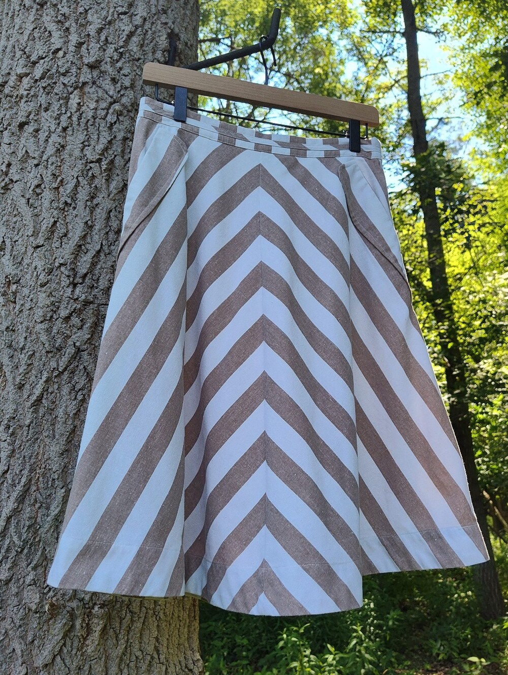 Brown White Striped Linen Midi Skirt A-Line Flared Lined Pockets Esley Sz Small